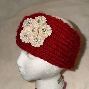 Chic Red Knit Headband with Floral Detail